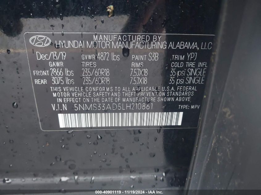 2020 Hyundai Santa Fe Sel VIN: 5NMS33AD5LH210861 Lot: 40901119