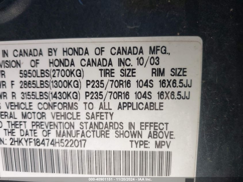 2004 Honda Pilot Ex VIN: 2HKYF18474H522017 Lot: 40901151