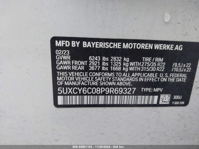 2023 BMW X6 xDrive40I VIN: 5UXCY6C08P9R69327 Lot: 40901183