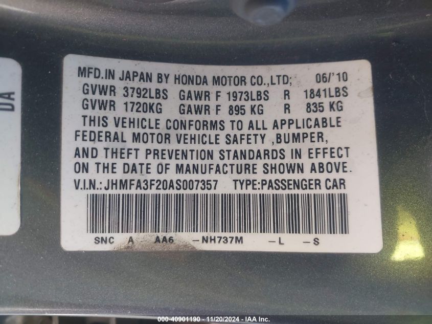 2010 Honda Civic Hybrid VIN: JHMFA3F20AS007357 Lot: 40901190