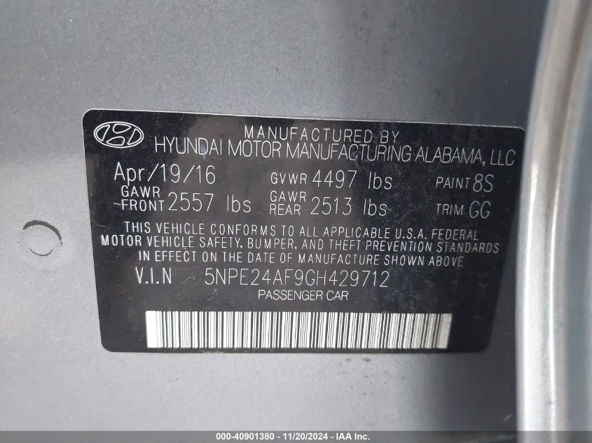 2016 Hyundai Sonata Se VIN: 5NPE24AF9GH429712 Lot: 40901380