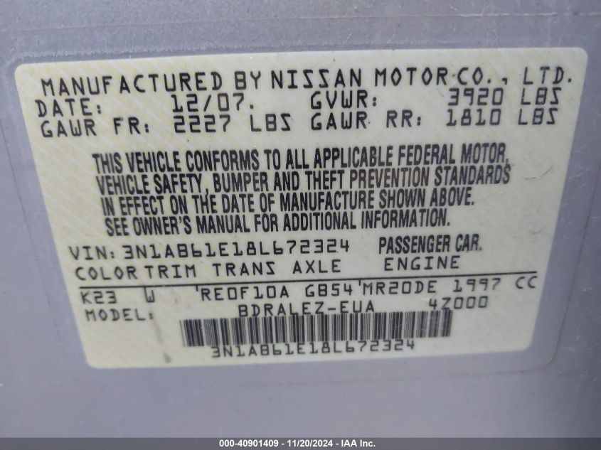 2008 NISSAN SENTRA VIN: 3N1AB61E18L672324