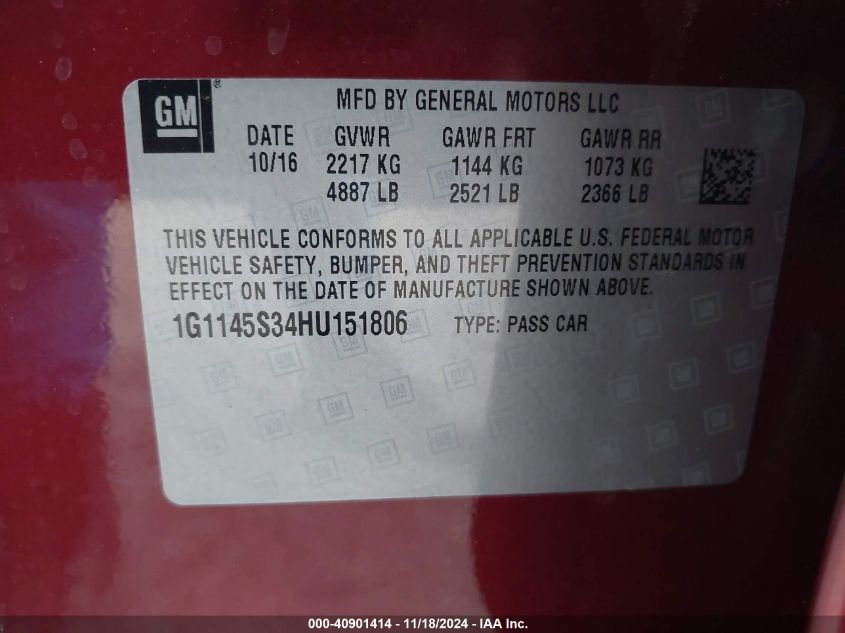 2017 CHEVROLET IMPALA VIN: 1G1145S34HU151806
