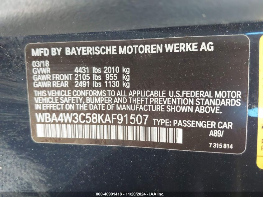 2019 BMW 430I VIN: WBA4W3C58KAF91507 Lot: 40901418