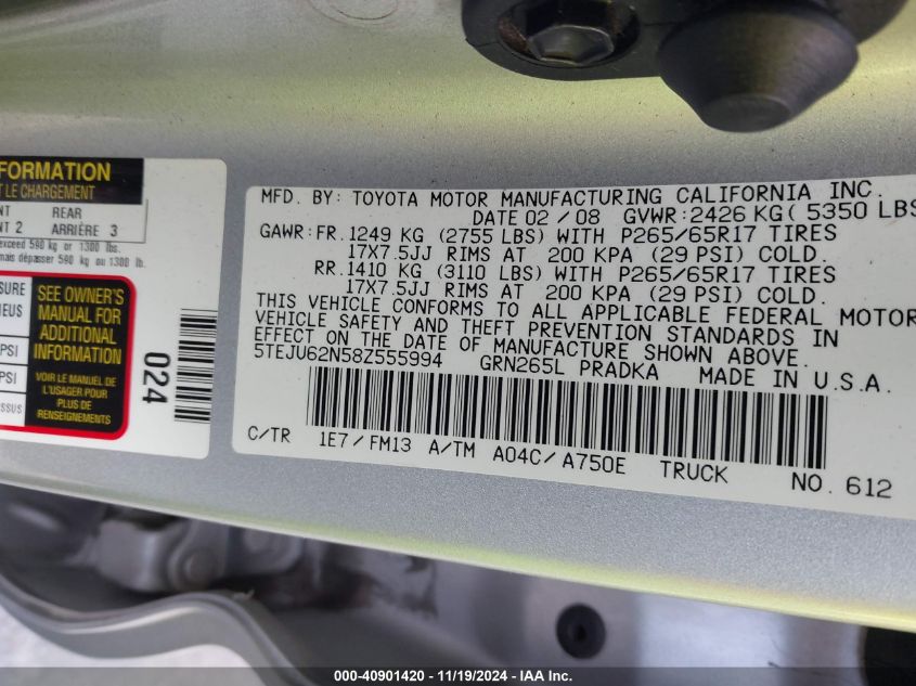 2008 Toyota Tacoma Double Cab Prerunner VIN: 5TEJU62N58Z555994 Lot: 40901420