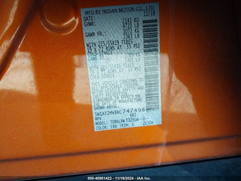 VIN 5N1AT2MV8KC747498 2019 NISSAN ROGUE SL