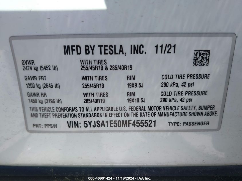 2021 Tesla Model S Long Range Dual Motor All-Wheel Drive VIN: 5YJSA1E50MF455521 Lot: 40901424