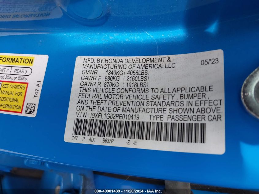 2023 HONDA CIVIC VIN: 19XFL1G82PE010419