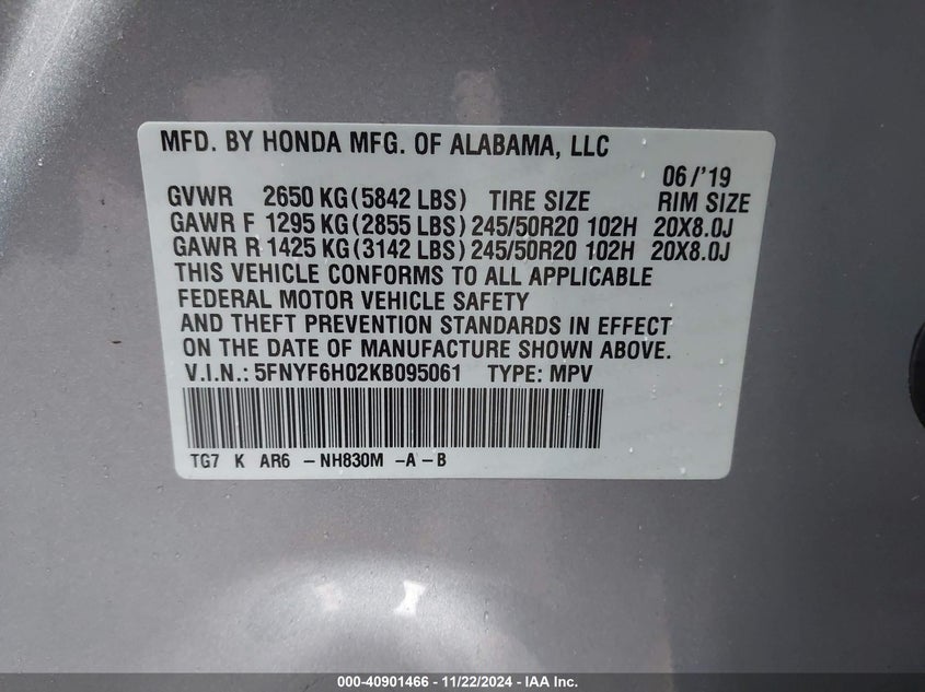 VIN 5FNYF6H02KB095061 2019 HONDA PILOT ELITE