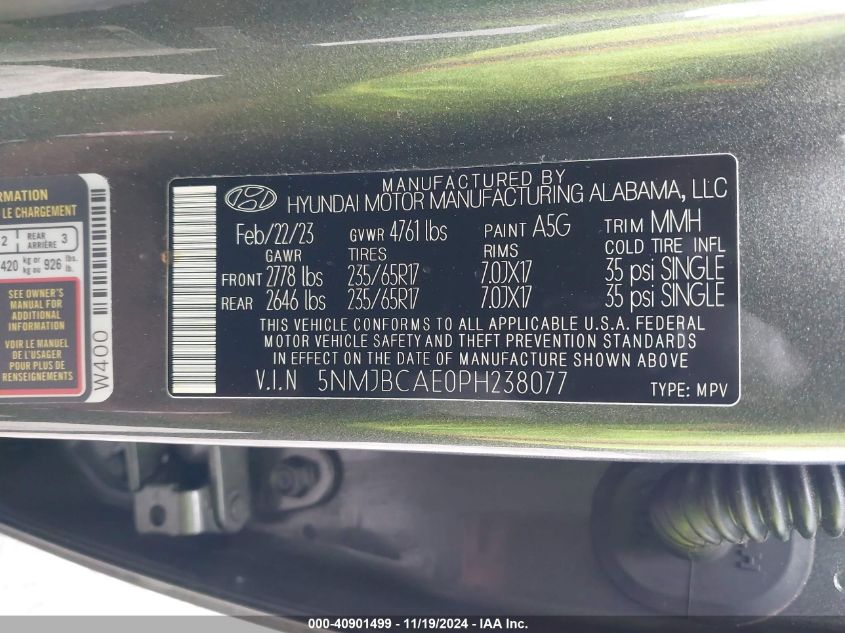 2023 Hyundai Tucson Sel VIN: 5NMJBCAE0PH238077 Lot: 40901499