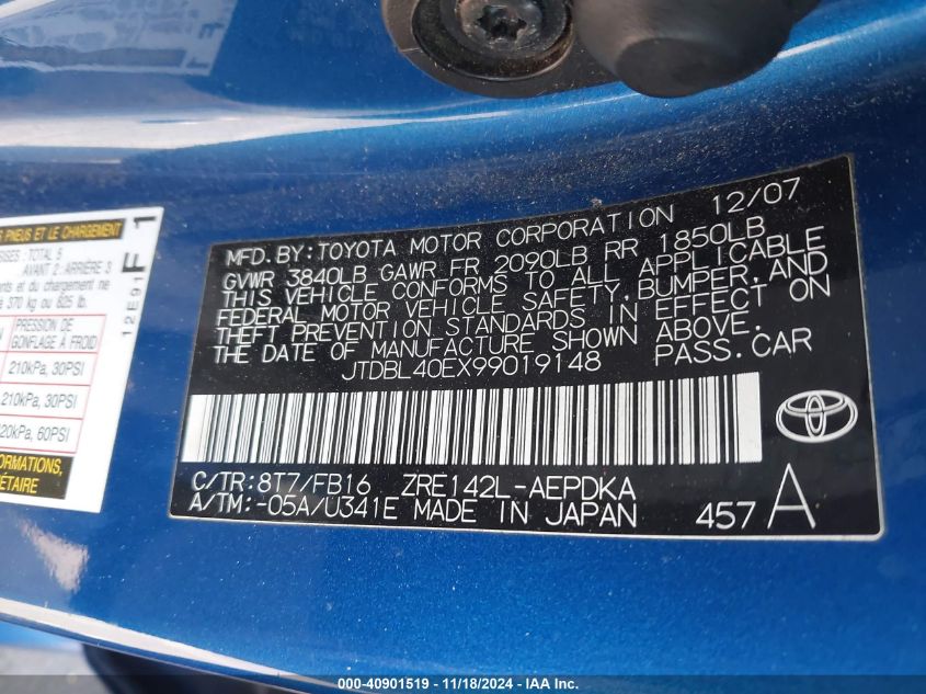2009 TOYOTA COROLLA VIN: JTDBL40EX99019148