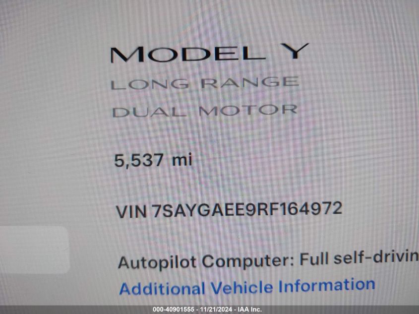 2024 Tesla Model Y Long Range Dual Motor All-Wheel Drive VIN: 7SAYGAEE9RF164972 Lot: 40901555