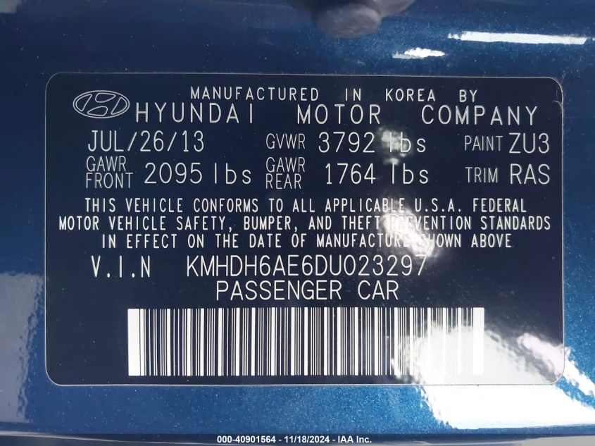 2013 Hyundai Elantra Gs VIN: KMHDH6AE6DU023297 Lot: 40901564