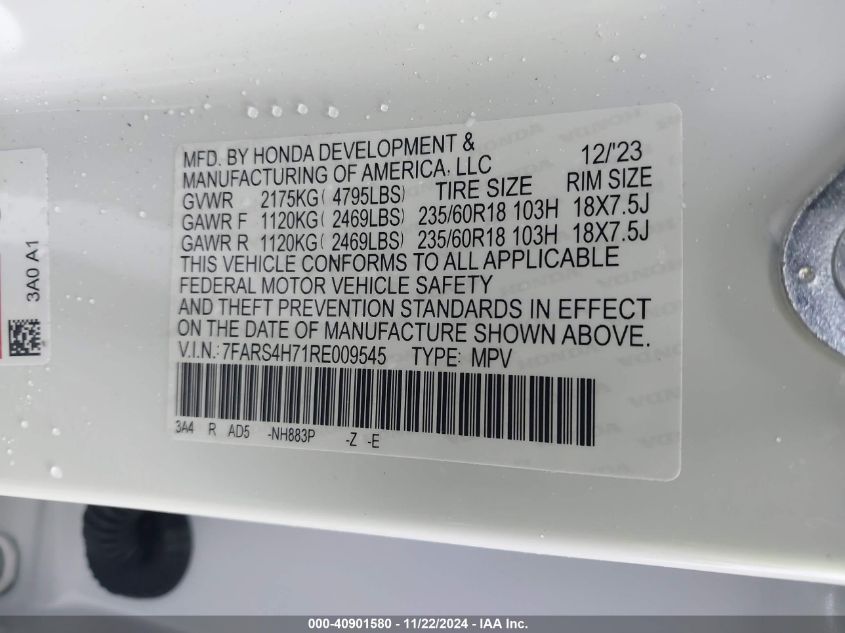 2024 Honda Cr-V Ex-L Awd VIN: 7FARS4H71RE009545 Lot: 40901580