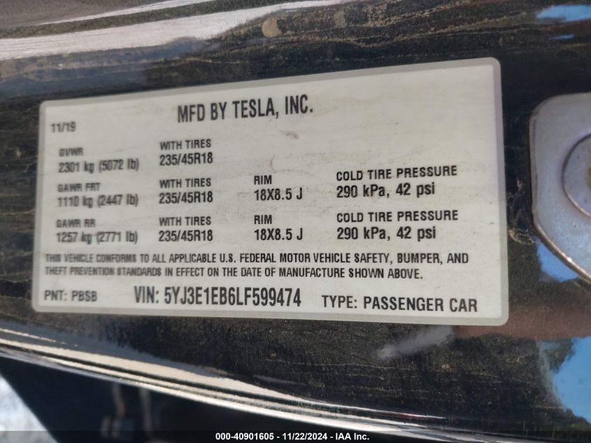 2020 Tesla Model 3 Long Range Dual Motor All-Wheel Drive VIN: 5YJ3E1EB6LF599474 Lot: 40901605