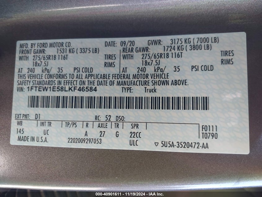 2020 FORD F-150 VIN: 1FTEW1E58LKF46584