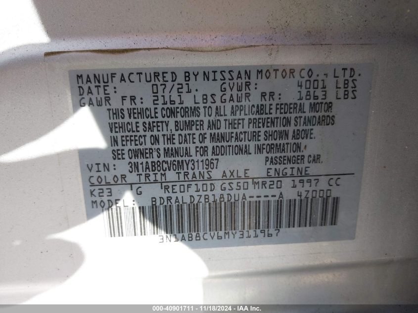 2021 Nissan Sentra Sv Xtronic Cvt VIN: 3N1AB8CV6MY311967 Lot: 40901711