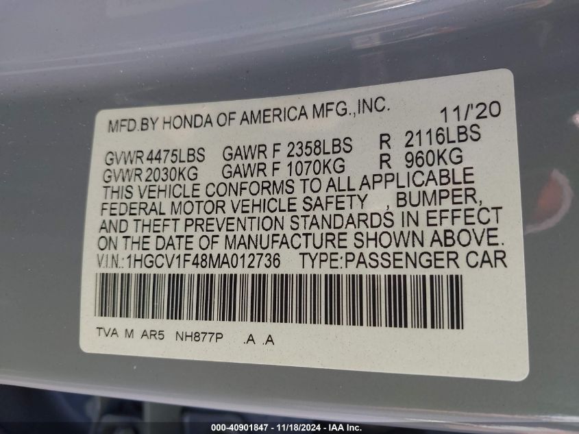 2021 Honda Accord Sport Special Edition VIN: 1HGCV1F48MA012736 Lot: 40901847