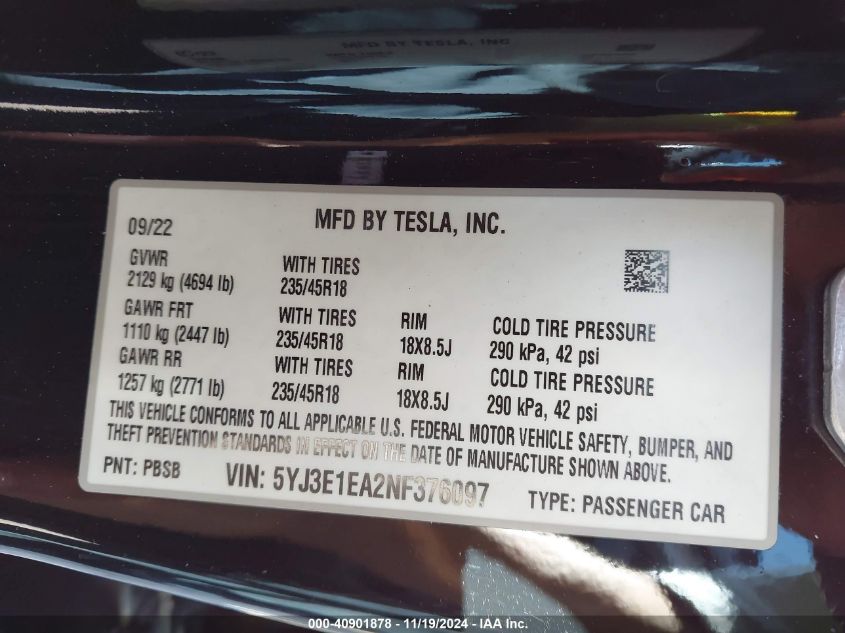 2022 Tesla Model 3 Rear-Wheel Drive VIN: 5YJ3E1EA2NF376097 Lot: 40901878