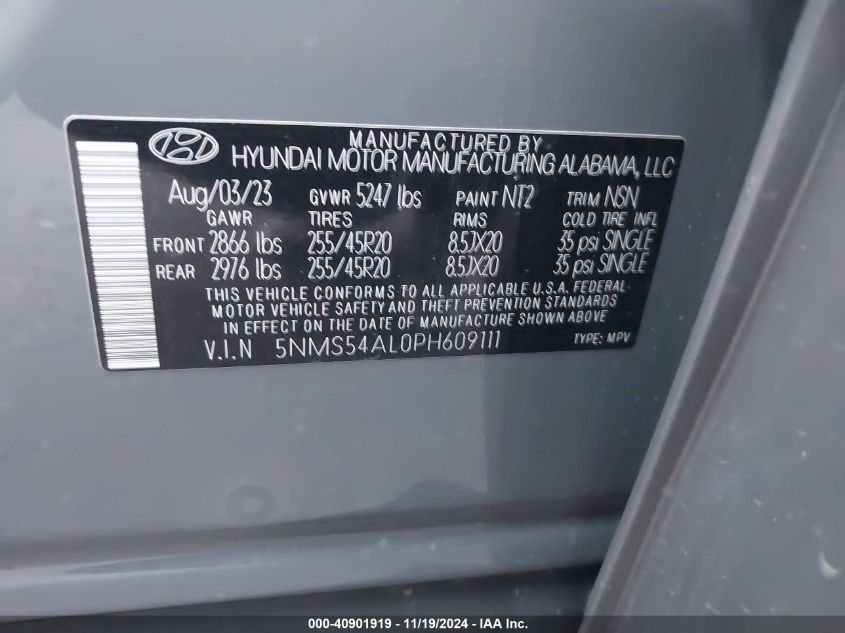 2023 Hyundai Santa Fe Calligraphy VIN: 5NMS54AL0PH609111 Lot: 40901919