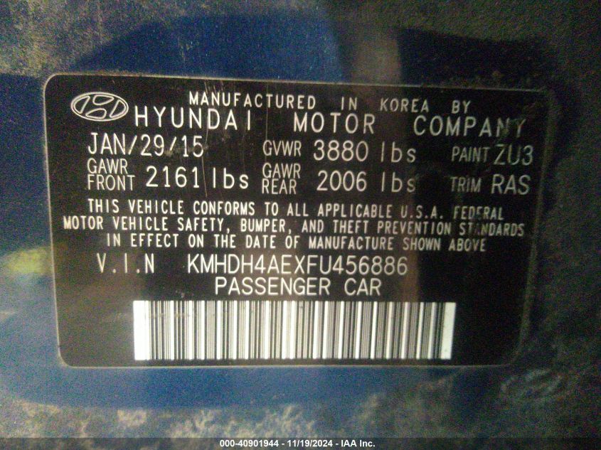 2015 Hyundai Elantra Limited VIN: KMHDH4AEXFU456886 Lot: 40901944