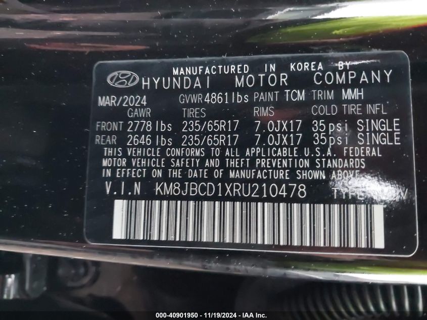 VIN KM8JBCD1XRU210478 2024 Hyundai Tucson, Hybrid Blue no.9