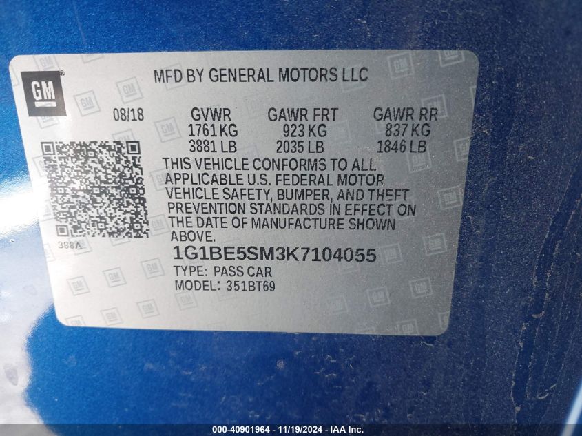 2019 CHEVROLET CRUZE VIN: 1G1BE5SM3K7104055