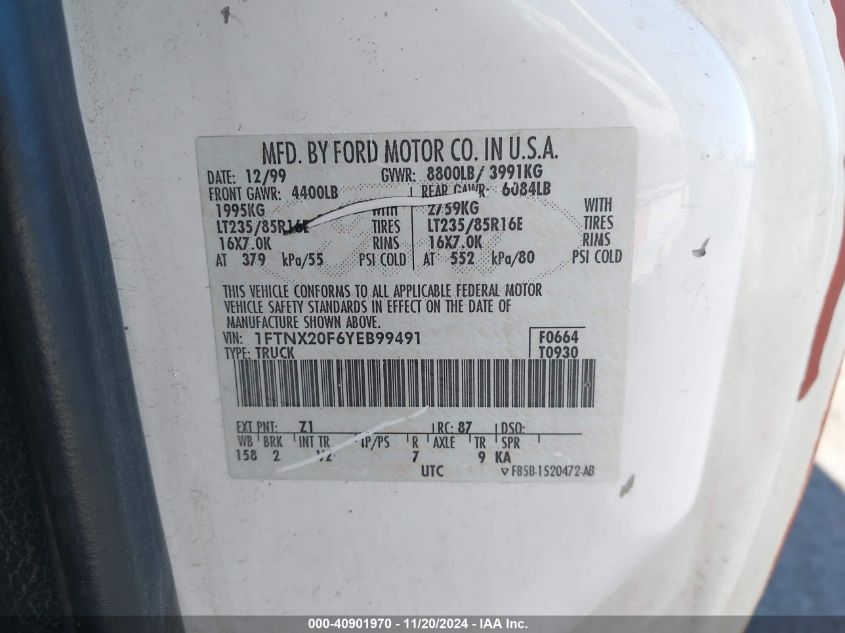 2000 Ford F-250 Lariat/Xl/Xlt VIN: 1FTNX20F6YEB99491 Lot: 40901970