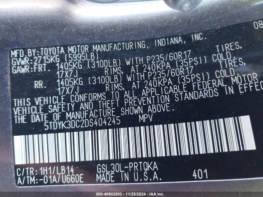 VIN 5TDYK3DC2DS404245 2013 TOYOTA SIENNA no.9