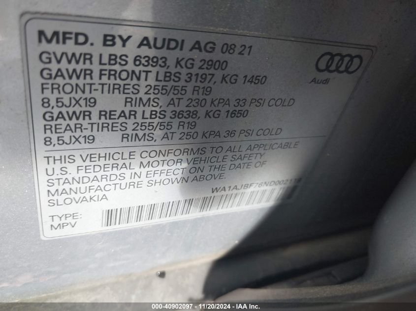 2022 Audi Q7 Premium 45 Tfsi Quattro Tiptronic VIN: WA1AJBF76ND002119 Lot: 40902097