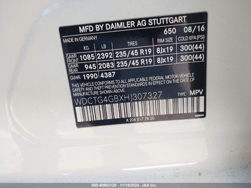 VIN WDCTG4GBXHJ307327 2017 MERCEDES-BENZ GLA 250 4MATIC