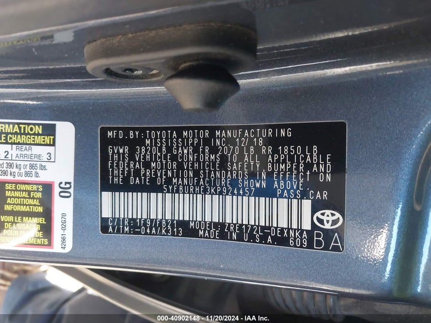 2019 TOYOTA COROLLA LE - 5YFBURHE3KP924457