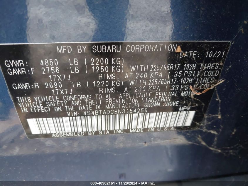 VIN 4S4BTADC8N3154256 2022 Subaru Outback, Premium no.9