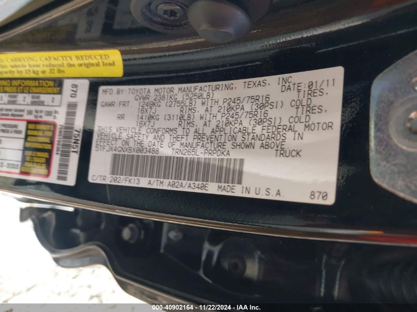 2011 Toyota Tacoma Prerunner VIN: 5TFJX4GNXBX003488 Lot: 40902164