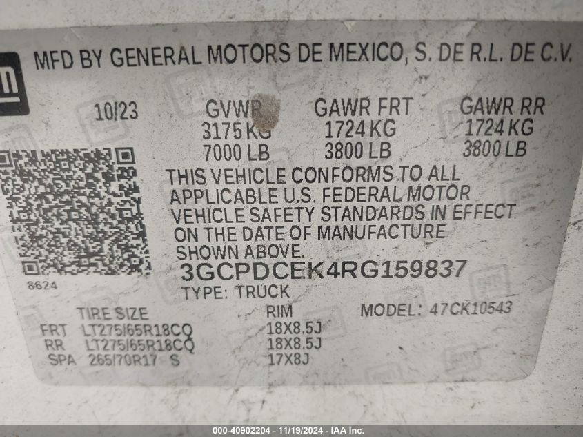 2024 Chevrolet Silverado 1500 4Wd Short Bed Custom Trail Boss VIN: 3GCPDCEK4RG159837 Lot: 40902204