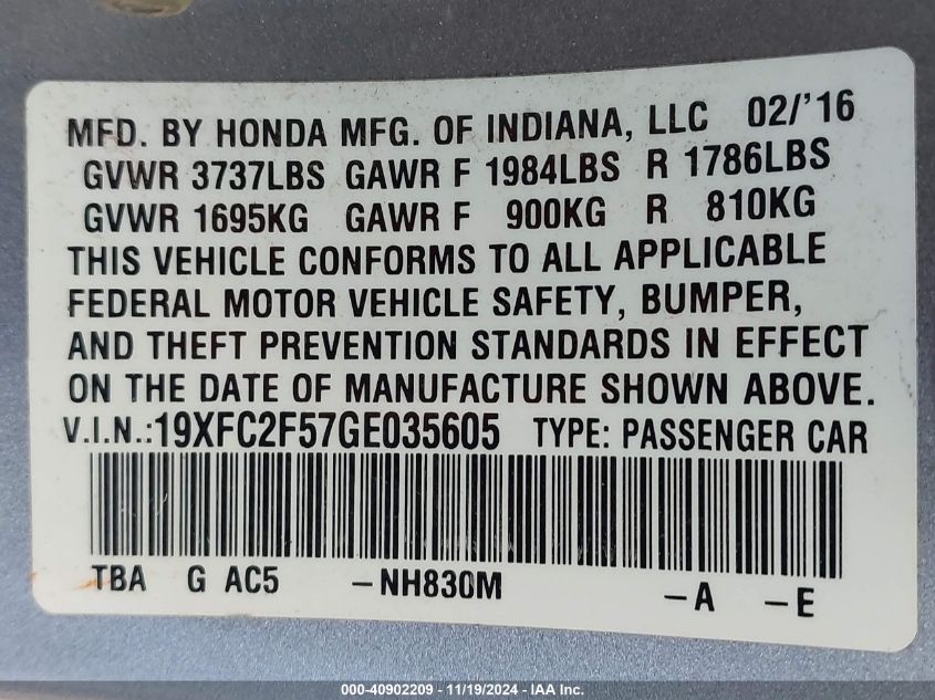 2016 Honda Civic Lx VIN: 19XFC2F57GE035605 Lot: 40902209