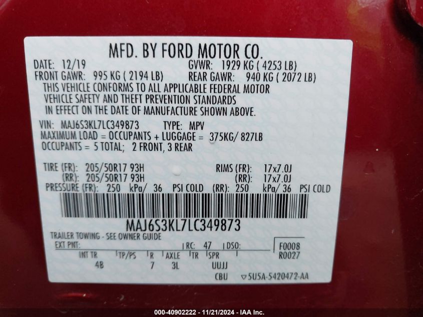 2020 Ford Ecosport Titanium VIN: MAJ6S3KL7LC349873 Lot: 40902222