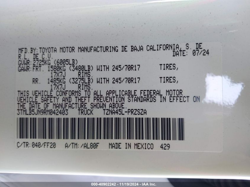 2024 Toyota Tacoma Sr5 VIN: 3TMLB5JN9RM042403 Lot: 40902242