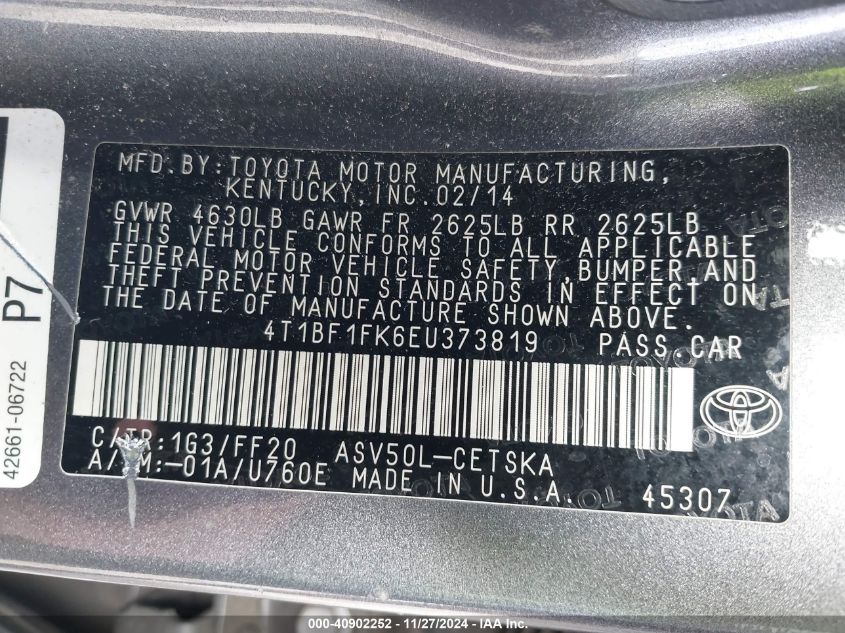 VIN 4T1BF1FK6EU373819 2014 Toyota Camry, SE no.9