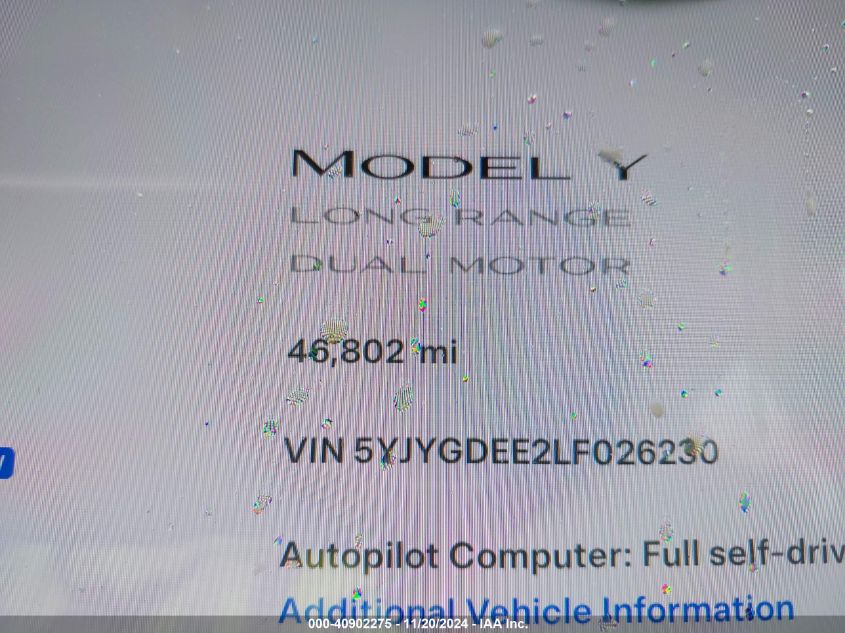 2020 Tesla Model Y Long Range Dual Motor All-Wheel Drive VIN: 5YJYGDEE2LF026230 Lot: 40902275