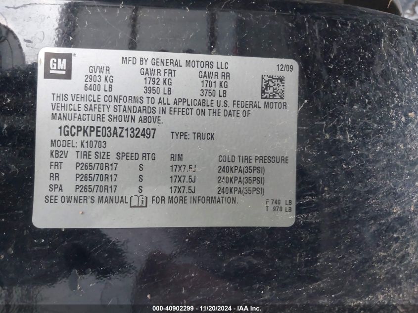 2010 CHEVROLET SILVERADO 1500 VIN: 1GCPKPE03AZ132497