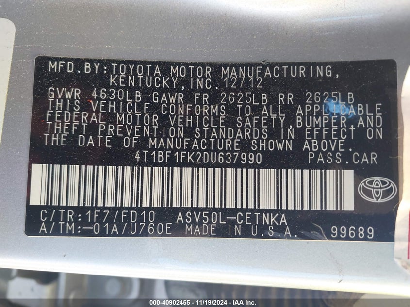 2013 TOYOTA CAMRY VIN: 4T1BF1FK2DU637990