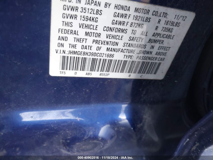 VIN JHMGE8H39DC021686 2013 HONDA FIT no.9