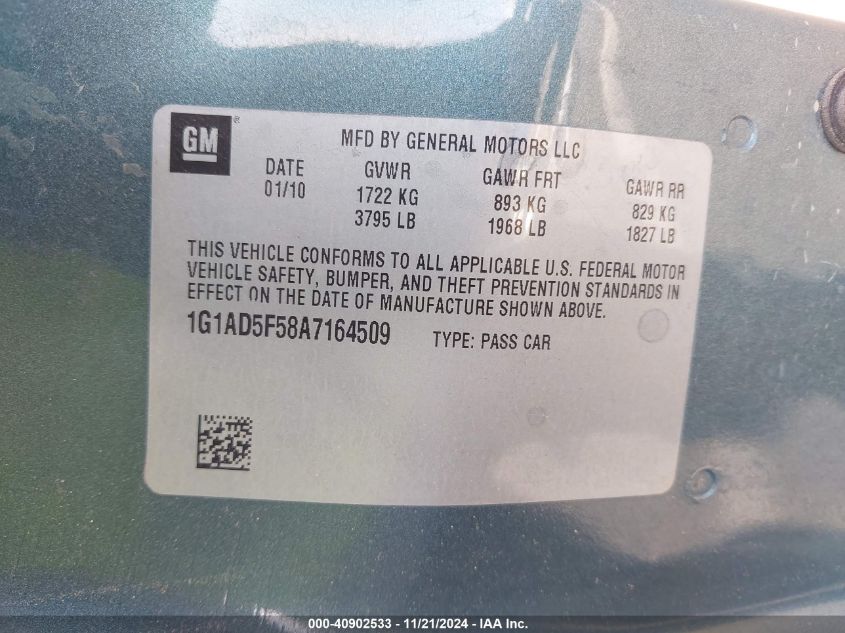 2010 CHEVROLET COBALT VIN: 1G1AD5F58A7164509