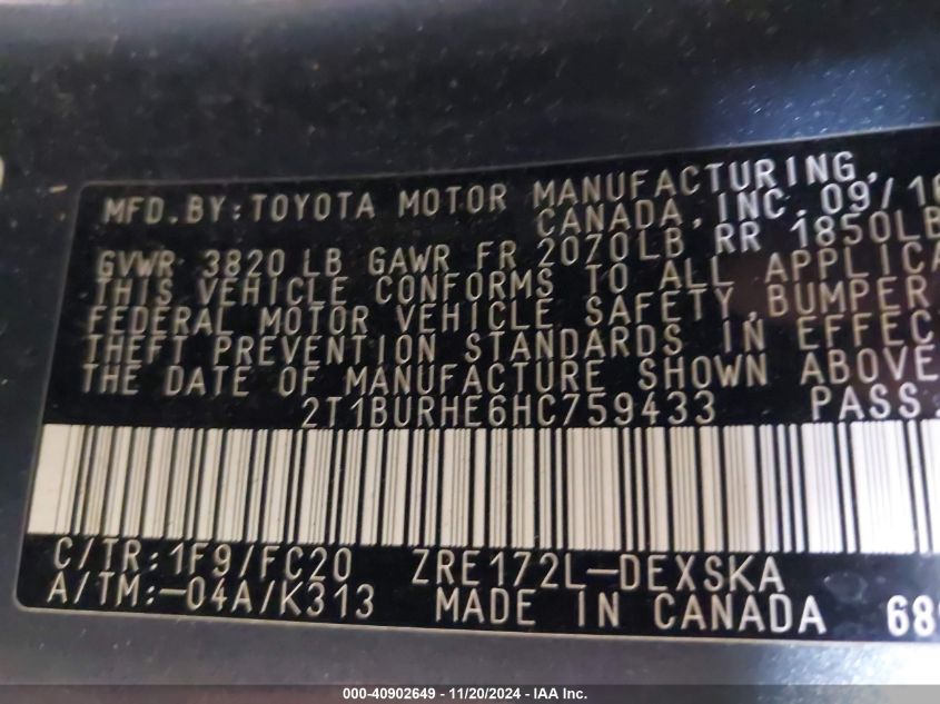 VIN 2T1BURHE6HC759433 2017 TOYOTA COROLLA SE