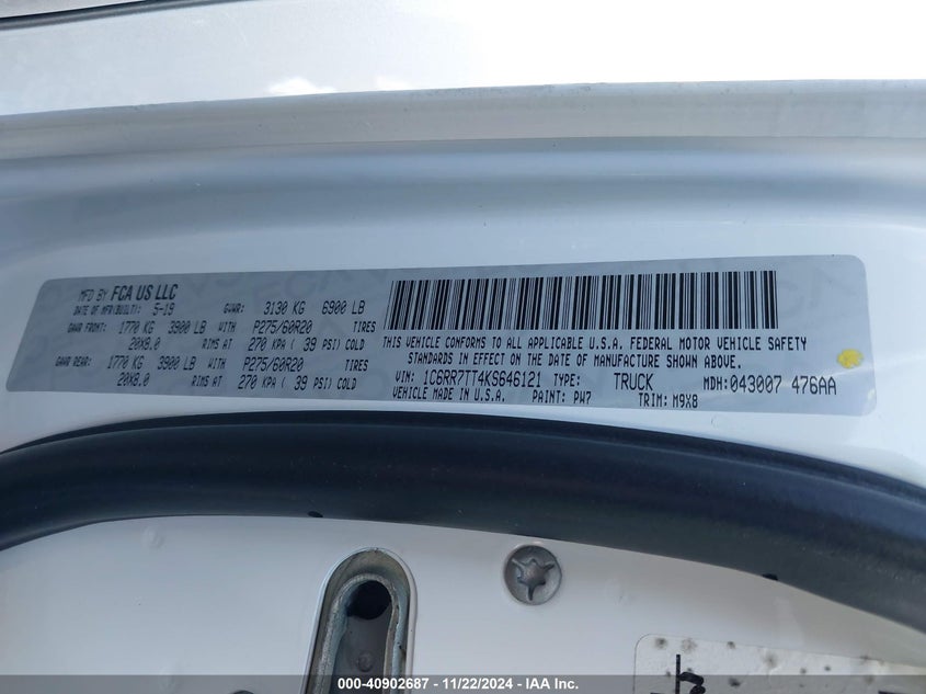 2019 Ram 1500 Classic Big Horn 4X4 6'4 Box VIN: 1C6RR7TT4KS646121 Lot: 40902687