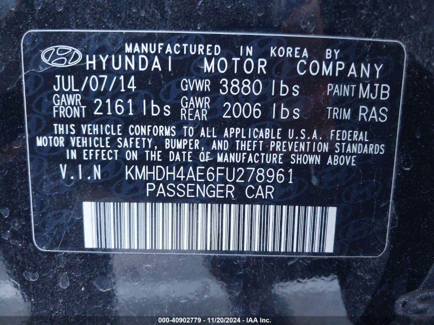 2015 Hyundai Elantra Limited VIN: KMHDH4AE6FU278961 Lot: 40902779