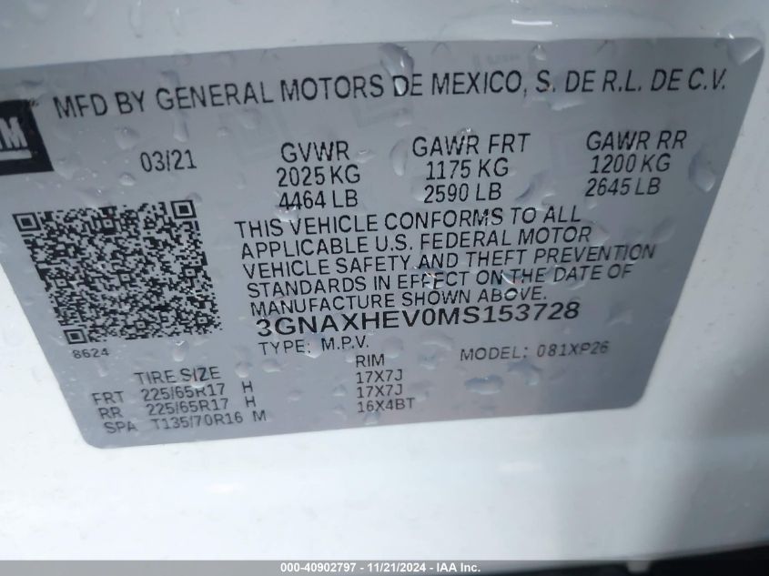 2021 Chevrolet Equinox Fwd Ls VIN: 3GNAXHEV0MS153728 Lot: 40902797