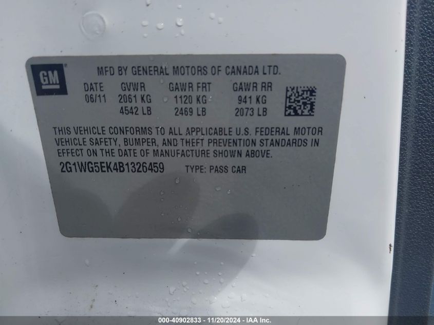 2011 Chevrolet Impala Lt VIN: 2G1WG5EK4B1326459 Lot: 40902833