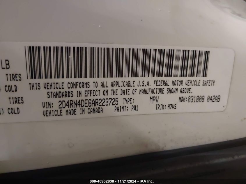 2010 Dodge Grand Caravan Se VIN: 2D4RN4DE6AR223725 Lot: 40902838